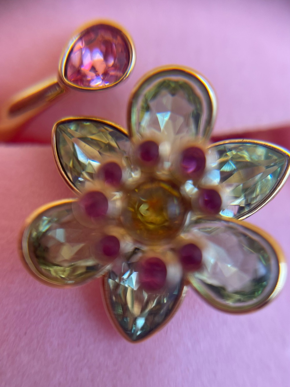 Swarovski Gold Tone Crystal Flower Wrap Ring Pink Green w/ Original Box - Picture 6 of 11